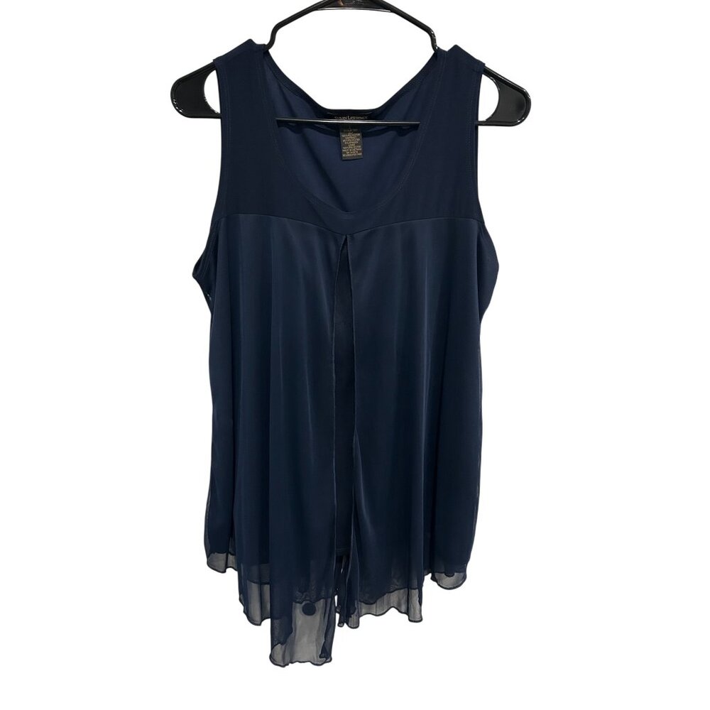 Susan Lawrence Navy Sleeveless Tiered Chiffon Tunic Top Sz L Minimalist Coquette